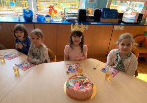 5 urodziny Ani. Ania i dzieci siedzą przy złączonych stołach.